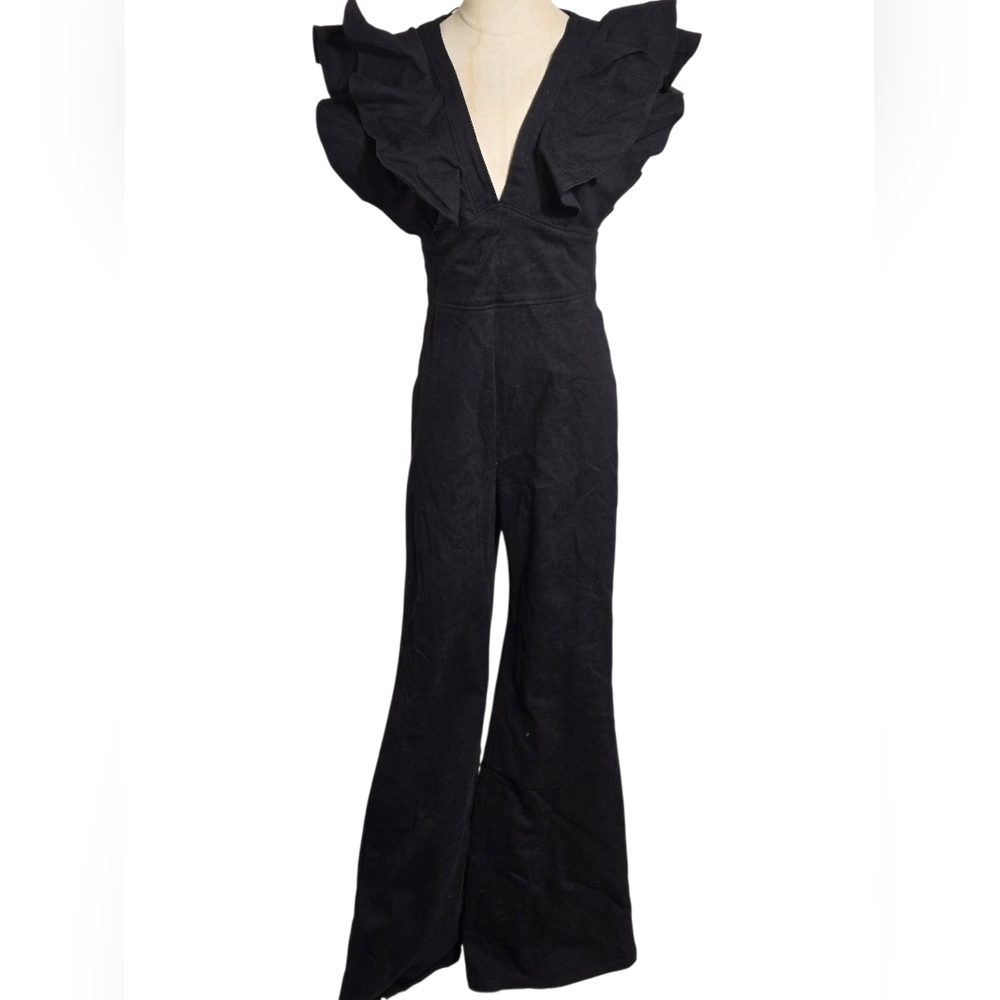 Fashion Nova Black Denim Ruffled Wide Leg Jumpsuit LONG LENGTH NWT